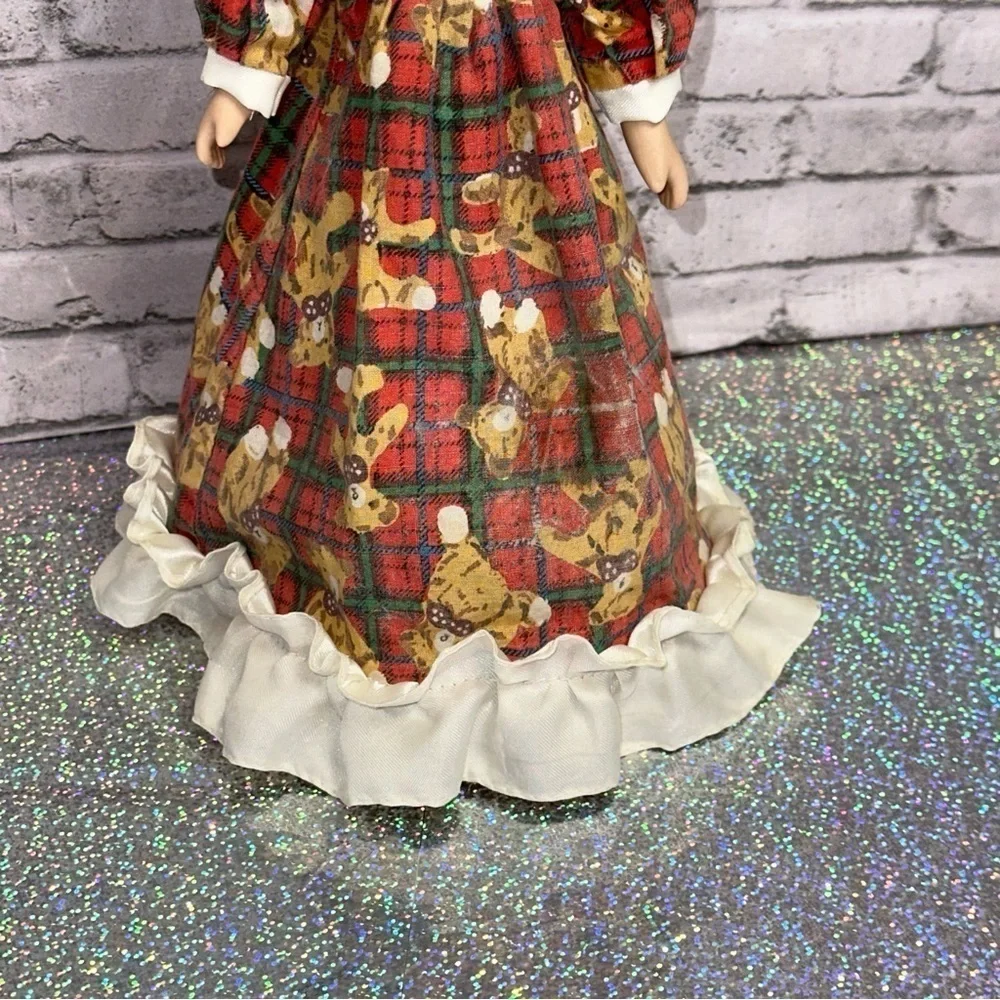 Christmas Tree Topper Porcelain Doll 12 in Blonde Hair Plaid Teddy Bear Dress